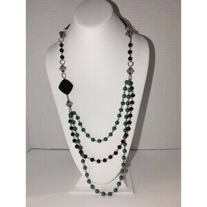 Black Green Multi Strand Bead plastic lilac stone silver & black chain necklace